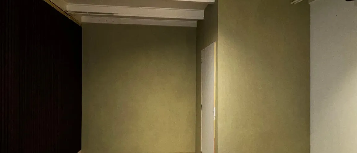 Opgeleverde kamer met zachtgroene wanden, witte plafondbalken en spots aan een rail