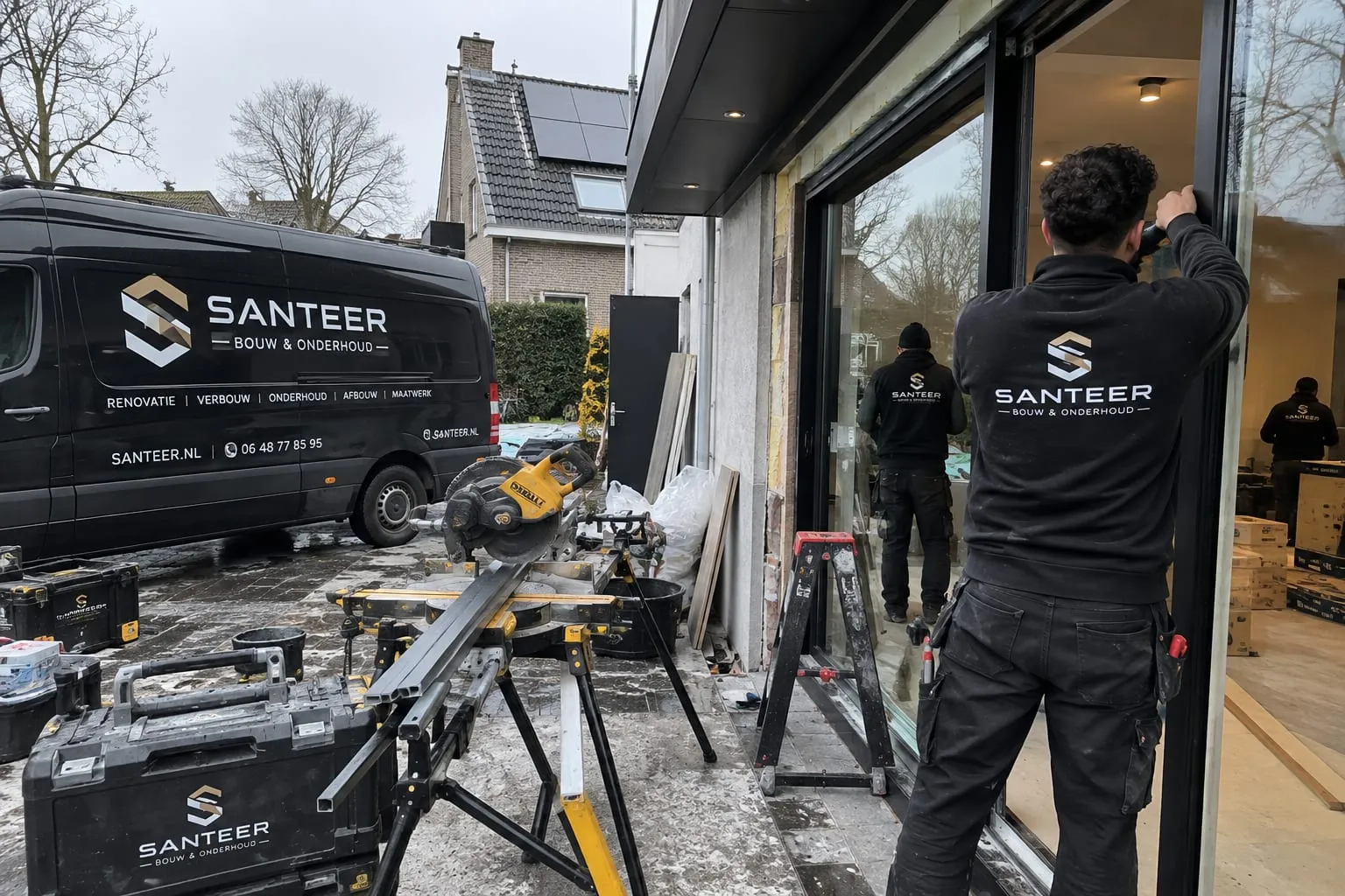 Twee medewerkers van SANTEER plaatsen glas in een schuifpui, met de bedrijfsbussen en een zaagtafel ervoor