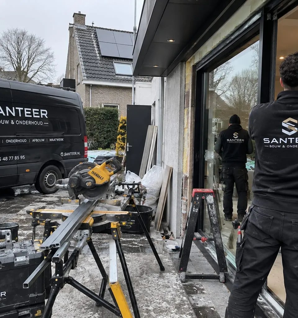 Twee medewerkers van SANTEER plaatsen glas in een schuifpui, met de bedrijfsbussen en een zaagtafel ervoor
